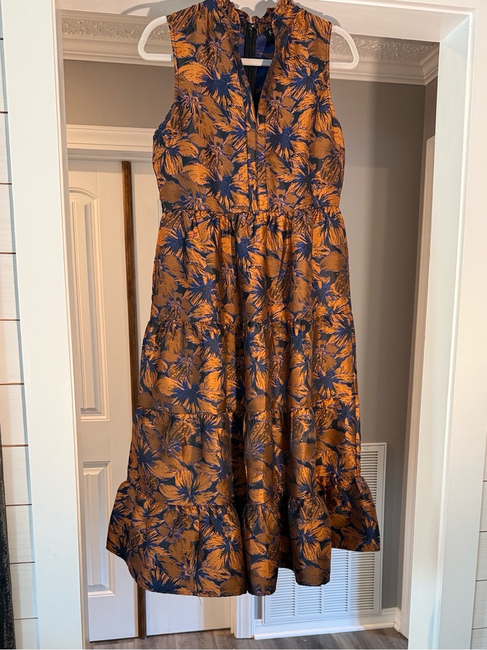 Fate Sleeveless Floral Midi Dress in Rust and Navy